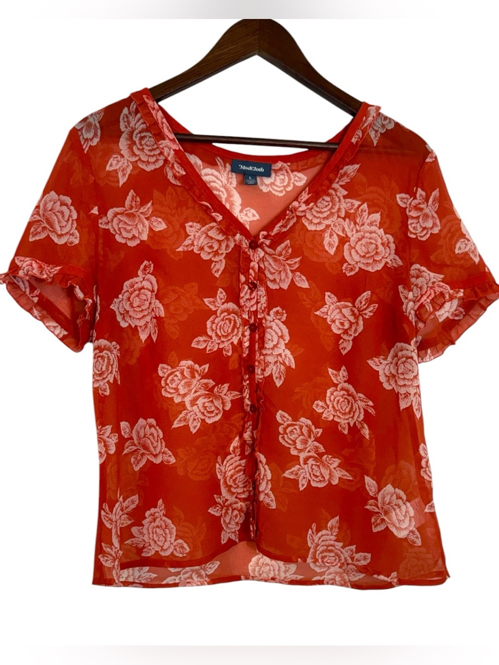 Modcloth Red Floral V-Neck Short Sleeve Blouse